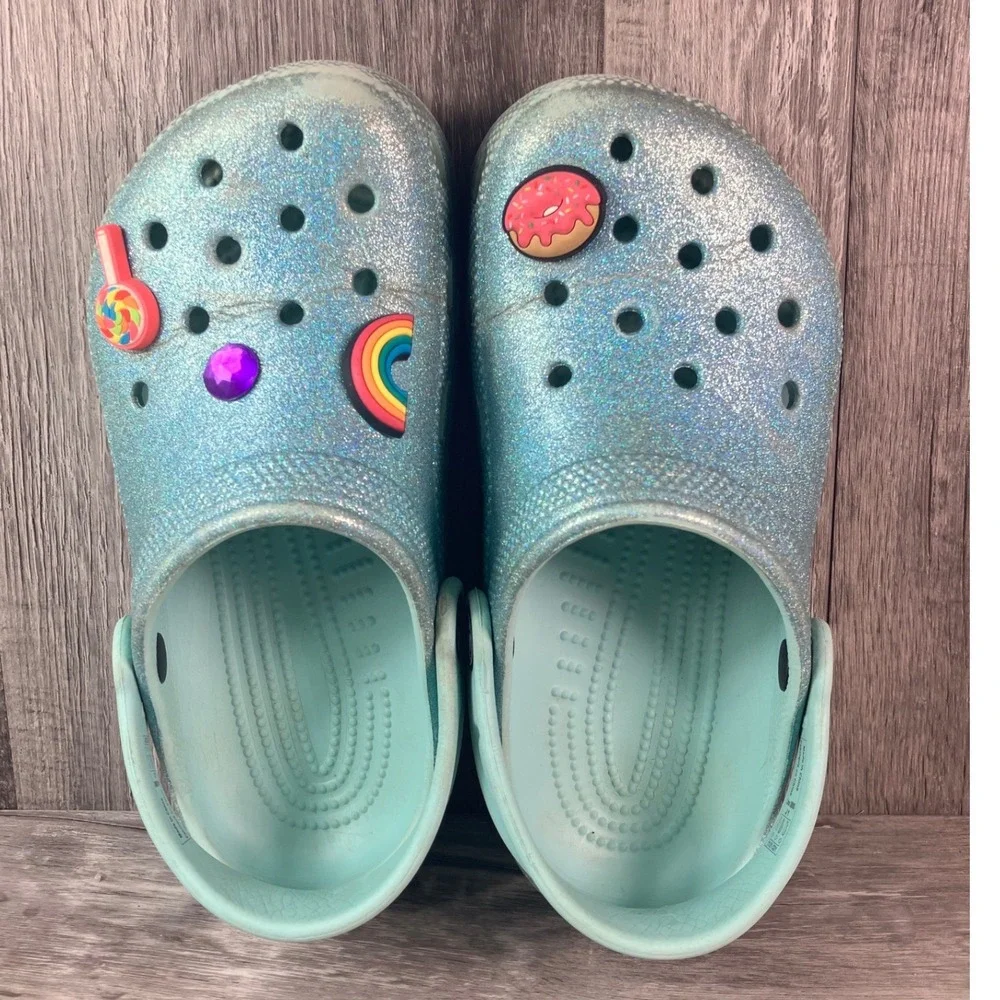 Crocs Classic Glitter Clog Aqua Blue Sparkle Kids Junior Size J1 Jibbitz Charms